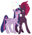 Size: 980x1067 | Tagged: safe, artist:jellybeanbullet, fizzlepop berrytwist, tempest shadow, twilight sparkle, alicorn, pony, unicorn, g4, my little pony: the movie, blushing, broken horn, colored hooves, eyes closed, female, fireworks, horn, horns are touching, lesbian, mare, nuzzling, raised hoof, ship:tempestlight, shipping, sparking horn, sparkles, twilight sparkle (alicorn)