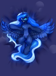 Size: 952x1280 | Tagged: safe, artist:dolorosacake, princess luna, alicorn, semi-anthro, g4, beautiful, belly button, cute, female, flying, glowing eyes, looking at you, lying, mare, solo, spread wings, wings