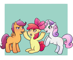Size: 1000x819 | Tagged: safe, artist:guiltyp, apple bloom, scootaloo, sweetie belle, earth pony, pony, g4, cutie mark crusaders, sitting