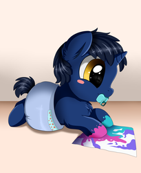 Size: 2300x2800 | Tagged: safe, artist:pridark, oc, oc only, pony, unicorn, baby, baby pony, cute, diaper, high res, hnnng, hoof painting, male, ocbetes, pacifier, painting, pridark is trying to murder us, smiling, solo