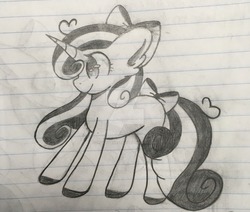 Size: 1024x868 | Tagged: safe, artist:chococakebabe, oc, oc only, oc:meadow magic, pony, unicorn, female, lined paper, mare, monochrome, solo, traditional art