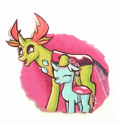 Size: 1118x1176 | Tagged: safe, artist:hollyrosebriar, ocellus, thorax, changedling, changeling, g4, school daze, cute, diaocelles, eyes closed, king thorax, open mouth, papa thorax, scene interpretation, thorabetes, traditional art