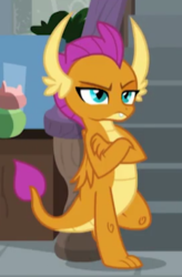 Size: 272x414 | Tagged: safe, screencap, smolder, dragon, school daze, brat, claws, cropped, crossed arms, dragoness, fangs, female, folded wings, frown, horns, leaning, leaning back, narrowed eyes, smolder is not amused, solo, stairs, toes, wings