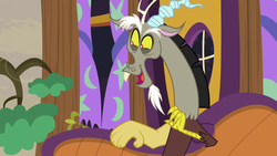 Size: 1280x720 | Tagged: safe, screencap, discord, draconequus, discordant harmony, g4, couch, curtains, cute, discord's house, discute, door, male, open mouth, smiling, solo