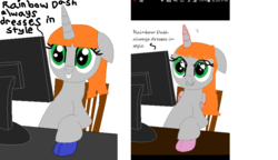 Size: 790x455 | Tagged: safe, artist:nightshadowmlp, artist:starfleet-timelord, oc, oc:night shadow, pony, unicorn, base used, chair, comparison, computer, computer mouse, redraw