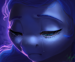 Size: 1450x1200 | Tagged: safe, artist:joan-grace, princess luna, alicorn, pony, g4, bust, close-up, crying, female, mare, portrait, sad, signature, solo