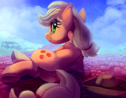 Size: 2000x1563 | Tagged: safe, artist:discorded, applejack, earth pony, pony, g4, apple, applebutt, applejack's hat, butt, cloud, cowboy hat, dock, featureless crotch, female, food, hat, looking at you, looking back, looking back at you, mare, plot, sky, smiling, solo, tree
