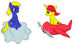 Size: 991x591 | Tagged: safe, artist:nightshadowmlp, oc, oc only, oc:blue lightning, oc:game point, pegasus, pony, unicorn, base used, cloud, cutie mark, dog of wisdom, female, hooves, horn, mare, on a cloud, plane, simple background, sitting on a cloud, solo, white background, wings