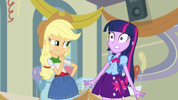 Size: 1920x1080 | Tagged: safe, screencap, applejack, twilight sparkle, equestria girls, g4, my little pony equestria girls, apple cider, applejack's skirt, balloon, canterlot high, clothes, cutie mark on clothes, denim, denim skirt, gym, skirt, speaker, streamers, twilight sparkle's skirt