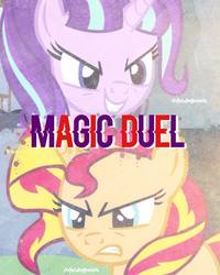 Size: 1080x1349 | Tagged: artist needed, safe, starlight glimmer, sunset shimmer, pony, unicorn, g4, magic duel, alternate universe, role reversal, sunset vs starlight