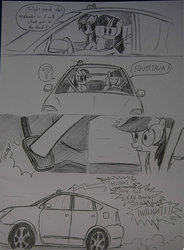 Size: 900x1222 | Tagged: safe, artist:ricky47, rainbow dash, twilight sparkle, g4, be careful what you wish for, car, comic, driving, ooc is serious business, pedal, reference, scared, the other guys, toyota, toyota prius, traditional art