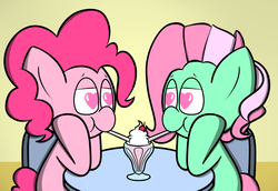 Size: 1074x738 | Tagged: safe, artist:techreel, minty, pinkie pie, g3, g4, female, food, heart eyes, lesbian, mare, sharing a drink, ship:pinkieminty, shipping, straw, sundae, wingding eyes, ych result