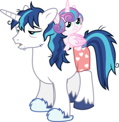 Size: 8197x8359 | Tagged: safe, artist:fruft, artist:sollace, edit, editor:slayerbvc, princess flurry heart, shining armor, alicorn, pony, unicorn, g4, absurd resolution, baby, baby pony, bed mane, boxers, clothes, diaperless edit, father and daughter, female, filly, flurry heart riding shining armor, foal, heart, heart print underwear, lidded eyes, male, morning ponies, nudity, ponies riding ponies, riding, show accurate, simple background, size difference, sleepy, slippers, stallion, stubble, tired, transparent background, underwear, unshorn fetlocks, vector
