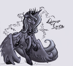 Size: 1946x1754 | Tagged: safe, artist:remains, princess luna, alicorn, pony, g4, female, floppy ears, large wings, monochrome, queen luna, rearing, s1 luna, solo, wings