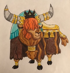Size: 2521x2619 | Tagged: safe, artist:bozzerkazooers, prince rutherford, yak, g4, cloven hooves, crown, ear piercing, earring, high res, horn, horn ring, jewelry, male, piercing, regalia, simple background, solo, traditional art, white background