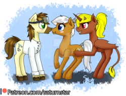 Size: 1024x782 | Tagged: safe, artist:spokenmind93, oc, oc:calpain, oc:sheila, oc:tinker, earth pony, pony, succubus, blushing, boop, female, female on male, goggles, male, patreon, patreon logo, patreon reward, pushing, safety goggles, shy, simple background, straight, transparent background, watermark