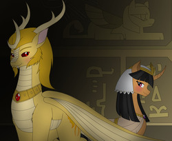 Size: 2729x2241 | Tagged: safe, artist:pyrus-leonidas, oc, oc only, dracony, hybrid, pony, egyptian, female, high res, looking back, mare, smiling, story in the source