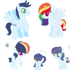 Size: 776x760 | Tagged: safe, artist:pastelmlpdrawings, rainbow dash, soarin', oc, oc:castrider star, oc:prism ray, oc:rainbow cupcake, pegasus, pony, g4, alternate design, alternate hairstyle, baby, baby pony, base used, family, female, filly, male, missing cutie mark, offspring, parent:rainbow dash, parent:soarin', parents:soarindash, rainbow hair, ship:soarindash, shipping, simple background, straight, white background