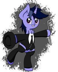 Size: 1736x2148 | Tagged: safe, artist:php142, oc, oc only, oc:purple flix, pony, accessory, bipedal, cane, chest fluff, clothes, cute, ear fluff, fancy suit, hat, hoof hold, looking at you, male, necktie, solo, suit