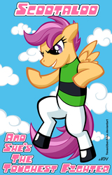 Size: 720x1128 | Tagged: safe, artist:texasuberalles, part of a set, scootaloo, pegasus, pony, g4, buttercup (powerpuff girls), comparison, crossover, female, filly, flying, reference, scootaloo can fly, similarities, solo, the powerpuff girls