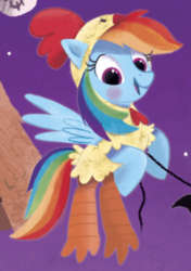 Size: 601x854 | Tagged: safe, artist:leire martin, rainbow dash, pony, g4, my little pony: an egg-cellent costume party!, animal costume, chicken suit, clothes, costume, female, henbow dash, little golden book, solo