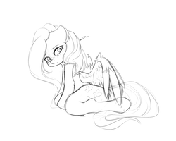Size: 2500x2000 | Tagged: dead source, safe, artist:miokomata, fluttershy, pegasus, pony, semi-anthro, dialogue, female, freckles, looking back, mare, monochrome, simple background, sketch, white background