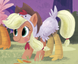 Size: 687x567 | Tagged: safe, artist:leire martin, applejack, earth pony, pony, an egg-cellent costume party, g4, animal costume, chicken jack, chicken suit, clothes, costume, cropped, female, little golden book, solo