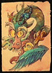 Size: 1470x2048 | Tagged: safe, artist:awk44, discord, fluttershy, draconequus, pegasus, pony, g4, female, looking at you, male, mare, traditional art