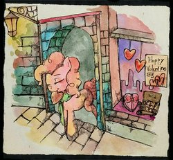 Size: 2048x1890 | Tagged: safe, artist:awk44, pinkie pie, earth pony, pony, g4, candy, clothes, eyes closed, female, food, heart, holiday, mare, scarf, solo, store, traditional art, valentine, valentine's day