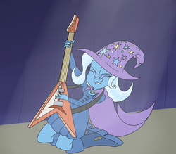 Size: 1600x1400 | Tagged: safe, artist:pavlovzdawg, trixie, equestria girls, g4, my little pony equestria girls: rainbow rocks, bad guitar anatomy, cape, clothes, female, guitar, hat, lip bite, musical instrument, smiling, solo, stage, trixie's cape, trixie's hat, vest, waistcoat