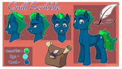 Size: 2400x1350 | Tagged: safe, artist:latecustomer, oc, oc only, oc:quill scribble, pegasus, pony, bag, chest fluff, cutie mark, lidded eyes, looking at you, male, open mouth, reference sheet, scroll, smiling, solo, stallion
