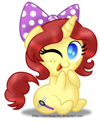 Size: 1024x1255 | Tagged: safe, artist:aleximusprime, oc, oc only, oc:eilemonty, pony, unicorn, bow, chibi, chubby, cute, diabetes, eilemonty, female, freckles, looking at you, mare, one eye closed, plump, ponysona, simple background, solo, transparent background, wink