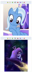 Size: 255x557 | Tagged: safe, artist:phoenixperegrine, screencap, starlight glimmer, trixie, pony, unicorn, derpibooru, all bottled up, g4, belly, clothes, cute, diatrixes, duo, female, glimmerbetes, hat, juxtaposition, mare, meta, pointing, rocket, space, toy interpretation, trixie's hat, trixie's rocket