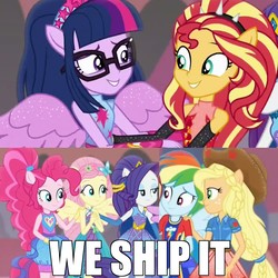 Size: 2048x2048 | Tagged: safe, edit, edited screencap, screencap, applejack, fluttershy, pinkie pie, rainbow dash, rarity, sci-twi, sunset shimmer, twilight sparkle, equestria girls, equestria girls specials, g4, my little pony equestria girls: better together, my little pony equestria girls: forgotten friendship, applejack the shipper, female, fluttershipper, high res, humane five, humane seven, humane six, image macro, lesbian, meme, pinkie the shipper, rainbow the shipper, sci-twilicorn, ship:sci-twishimmer, ship:sunsetsparkle, shipper on deck, shipperity, shipping