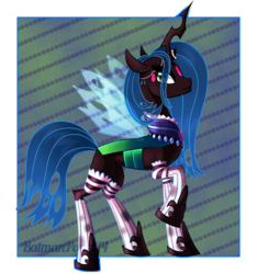 Size: 1024x1093 | Tagged: safe, artist:batmanportal14, queen chrysalis, pony, g4, clothes, female, jewelry, ponymania, signature, socks, solo, stockings, thigh highs, toy interpretation