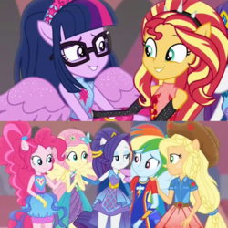 Size: 2048x2048 | Tagged: safe, edit, screencap, applejack, fluttershy, pinkie pie, rainbow dash, rarity, sci-twi, sunset shimmer, twilight sparkle, equestria girls, equestria girls specials, g4, my little pony equestria girls: better together, my little pony equestria girls: forgotten friendship, female, high res, humane five, humane seven, humane six, ponied up