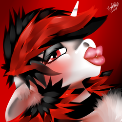 Size: 1024x1024 | Tagged: safe, artist:brainiac, oc, oc:blackjack, pony, unicorn, fallout equestria, chest fluff, collar, duckface, ear fluff, eyeshadow, female, floppy ears, fluffy, lips, lipstick, makeup, mare, o3o