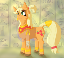 Size: 1500x1357 | Tagged: safe, artist:fuzzypones, applejack, earth pony, pony, g4, clothes, female, hieroglyphics, solo