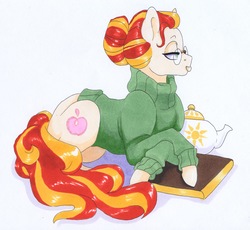 Size: 5705x5245 | Tagged: safe, artist:frozensoulpony, oc, oc only, oc:little lady, earth pony, pony, absurd resolution, female, glasses, mare, prone, solo, teapot, traditional art