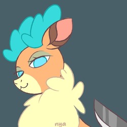 Size: 1080x1080 | Tagged: safe, artist:nya, velvet (tfh), deer, reindeer, them's fightin' herds, :3, colored pupils, community related, eyeshadow, knife, knife cat, looking at you, looking down, looking down at you, makeup, nya, parody, ponified animal photo, simple background, smug, teal background