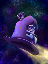 Size: 1200x1600 | Tagged: safe, artist:phoenixperegrine, starlight glimmer, trixie, pony, unicorn, g4, clothes, cute, diatrixes, duo, eye contact, female, flying, giant hat, glimmerbetes, hat, holding, hug, looking at each other, looking back, mare, micro, open mouth, pointing, rocket, smiling, space, sparkles, stars, toy interpretation, trixie's hat, trixie's rocket, wat