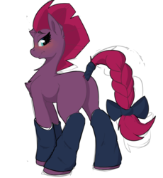 Size: 2475x2685 | Tagged: safe, artist:rileyisherehide, fizzlepop berrytwist, tempest shadow, pony, unicorn, g4, my little pony: the movie, blank flank, blushing, bow, braided tail, broken horn, butt, chest fluff, drawthread, female, high res, horn, leg warmers, looking back, mare, plot, ponified animal photo, simple background, solo, tail bow, tail wrap, white background