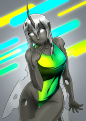 Size: 1568x2197 | Tagged: safe, artist:mykegreywolf, oc, oc only, oc:silver lies, changeling, human, humanoid, changeling oc, clothes, female, glowing eyes, high-cut clothing, horn, horned humanization, humanized, looking at you, one-piece swimsuit, pony coloring, raffle prize, solo, succubug, swimsuit, white changeling, winged humanization, wings