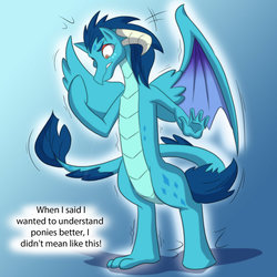 Size: 1024x1024 | Tagged: safe, artist:tfsubmissions, princess ember, dragon, pony, g4, dialogue, dragon to pony, female, gradient background, gritted teeth, looking at self, mid-transformation, ponified, solo, species swap, transformation, unwilling transformation, wide eyes