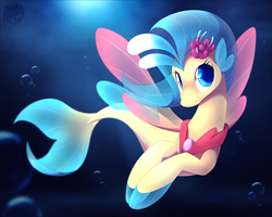 Size: 900x720 | Tagged: safe, artist:skyheavens, princess skystar, seapony (g4), g4, my little pony: the movie, bioluminescent, blue eyes, blue mane, blue tail, bubble, crepuscular rays, cute, digital art, dorsal fin, female, fin, fin wings, fins, fish tail, floppy ears, flower, flower in hair, flowing mane, flowing tail, freckles, happy, jewelry, looking at you, necklace, ocean, pearl necklace, scales, seaquestria, signature, skyabetes, smiling, solo, spread wings, sunlight, swimming, tail, teeth, underwater, water, wings