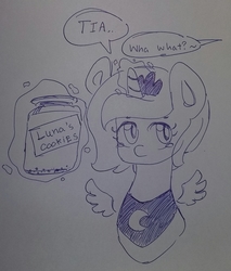 Size: 1836x2152 | Tagged: safe, artist:c0pter, princess luna, alicorn, pony, g4, cookie, cookie jar, crying, female, filly, food, implied princess celestia, solo, traditional art, woona, younger