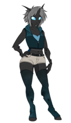 Size: 1996x3469 | Tagged: safe, artist:askbubblelee, oc, oc only, oc:imago, changeling, anthro, unguligrade anthro, anthro oc, belly button, changeling oc, clothes, fangs, female, hand on hip, hoodie, leg warmers, shorts, simple background, solo, sports bra, transparent background