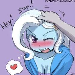 Size: 750x750 | Tagged: safe, artist:lumineko, trixie, oc, oc:anon, human, equestria girls, g4, blushing, breasts, busty trixie, cleavage, clothes, cute, dialogue, diatrixes, female, heart, hoodie, jacket, offscreen character, one eye closed, open mouth, petting, pictogram, purple background, simple background, sweater, teenager, tsundere, tsunderixie