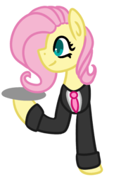 Size: 727x1125 | Tagged: safe, artist:azure-quill, fluttershy, pony, g4, clothes, female, simple background, solo, suit, transparent background, tray, waiter