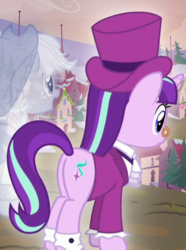 Size: 388x521 | Tagged: safe, screencap, applejack, snowfall frost, spirit of hearth's warming past, starlight glimmer, a hearth's warming tail, g4, butt, cropped, glimmer glutes, plot
